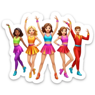 Icon for Contemporary Dance: a synchronized guys and girls group performance on stage with backup dancers in bright, modern outfits and dynamic lighting. The icon should capture the energy and coordination of a dance routine, with a focus on movement and stage presence. Transparent background. sticker