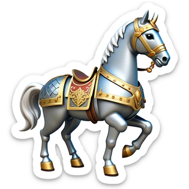 Clash of Clans aesthetic: Cinematic Playful Armored Horse Emoji, rendered in a 3D vector-style similar to standard emojis with minimal shading and bold, simplified shapes. A compact, isometric warhorse outfitted in intricately detailed armor with noble accents, softly glowing with a gallant medieval carriage charm. Simplified yet unmistakably iconic, highly detailed and consistent, glowing with a soft radiant shine and high polish. Stylized with a touch of heroic elegance and a soft glowing outline, capturing the essence of a noble steed ready for battle with a friendly, playful air! sticker
