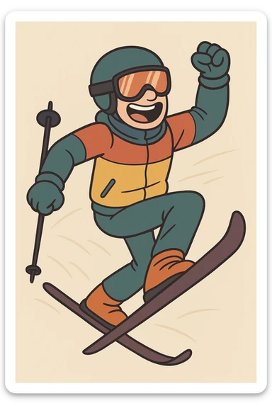 a ski guy with goggles and helmet, colorful ski suit, energetic, cartoon style sticker