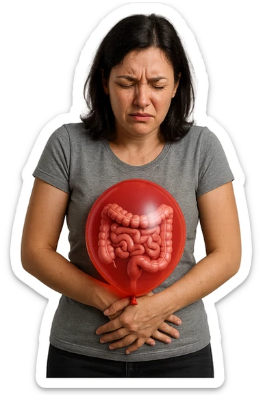 donna con mal di pancia e intestino umano anatomico chiuso in un palloncino rosso sulla pancia, iperrealistica 4k sticker