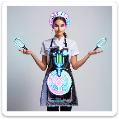 Portrait of a futuristic baker in skeuomorphism style, same pose and lighting as previous levels, wearing a translucent apron with holographic patterns, glowing hologram interface floating around hands, holding a digital whisk made of light beams, subtle neon reflections on face and clothes sticker