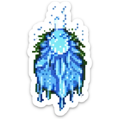 pixel art sweat drop mid-splash, with animated-looking droplets and motion lines sticker