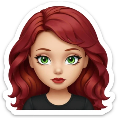 a pretty fair bratz girl with wavy dark red hair, wearing a black tee. eyeliner on, green eyes sticker