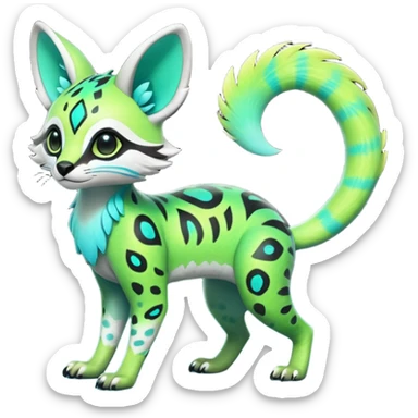 Rare realistic iridescent neon lime-green & cyan gradients lush tropical exotic cute epic pretty beautiful handsome gorgeous aesthetic colorful vibrant Vernid-Protogen-Primagen-Wickerbeast-Genet-Trico-species-Fakemon-hybrid-creature by LiLaiRa, beautiful intricate markings, full body sticker