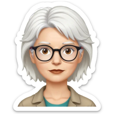 White woman anthropologist, messy cropped white hair, glasses, brown brows sticker