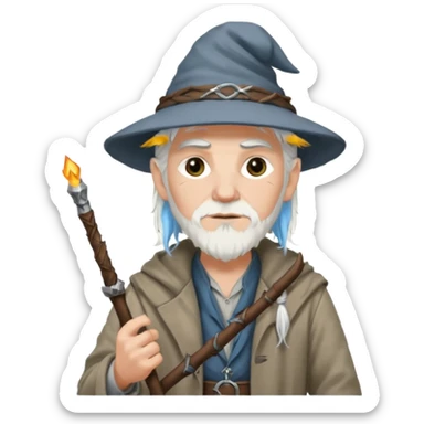 A punk guy with white hair, wearing a hat, holding a Gandalf staff and an AK-47 sticker