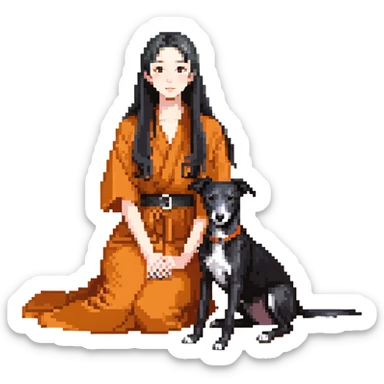 A very beautiful and attractive 25-year-old Japanese woman with long flowing black hair and a SOLID DARK GREY whippet sitting together on a beach during a beautiful sunset. The whippet MUST be COMPLETELY SOLID DARK GREY with ABSOLUTELY NO WHITE MARKINGS ANYWHERE - no white chest, no white face, no white paws, no white tip on tail - ENTIRELY ONE SOLID DARK GREY COLOR throughout the entire dog. Orange and red sunset sky over the ocean, sandy beach in the foreground. sticker