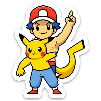 Hot handsomeb muscular 6ft tall smiling happy fun shirtless Ash Ketchum giving clothes free Pikachu a high five sticker