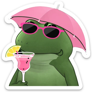 bufo frog with an umbrella hat, wearing sunglasses, holding a pink cocktail sticker