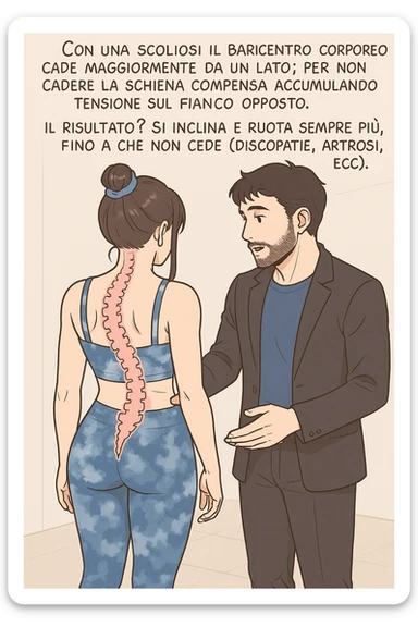 fai questa immagine in versione manga/webtoon a colori, il manga mostra la donna di spalle, mentre l'uomo le tocca la spina dorsale per spiegarle come funziona la scoliosi:
Con una scoliosi il baricentro corporeo cade maggiormente da un lato; per non cadere la schiena compensa accumulando tensione sul fianco opposto.
Il risultato? Si inclina e ruota sempre più, fino a che non cede (discopatie, artrosi, ecc) sticker