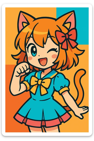 anime catgirl, vibrant colors, large expressive eyes, cat ears, playful pose, detailed hair, cute outfit sticker