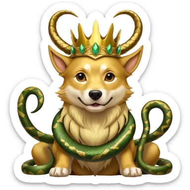 loki god of mischief as a dog. he as snakes. he wears a horned crown as the god himself.  dynamic pose sticker