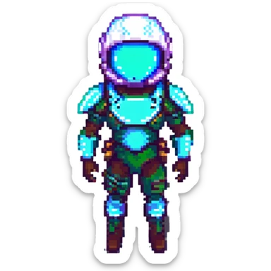 pixel art Fortnite skin with sci-fi theme, glowing accents, stylized helmet sticker