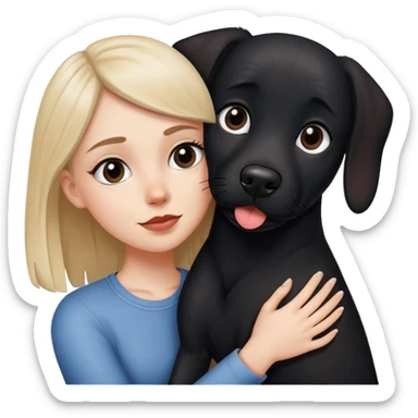 A white girl hugs a black dog with a little white on the corner of its mouth sticker