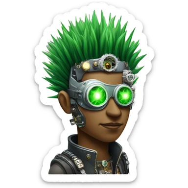 Green Mohawk hair male cyborg head with white steampunk goggles and circuits sticker