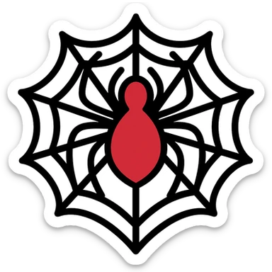 Spiderman logo featuring a web motif and stylized spider, graphic design, colored in red and black, no background, bold and clear lines. sticker