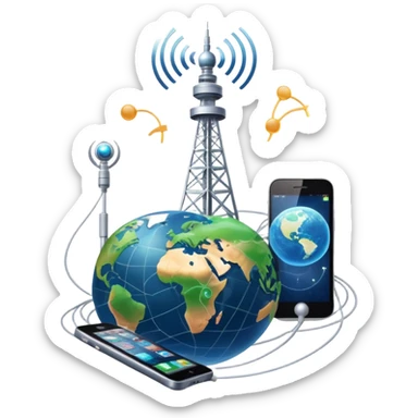 An icon featuring a communication tower with signal waves, satellites in orbit, and fiber optic cables. The design includes a smartphone and an earth with connection lines, symbolizing global communication networks. Transparent background  sticker
