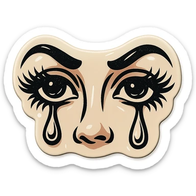 gloomy beautiful female eyes with eyelashes, tears, sharp black contours, sharp shadows and highlights, retro stickers style, no gradients sticker