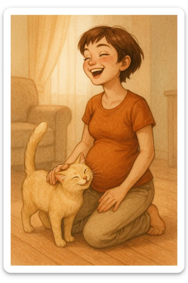 A pregnant girl with short brown hair and green eyes, kneeling on the floor with a blonde cat rubbing against her. The girl is laughing and petting the cat. sticker