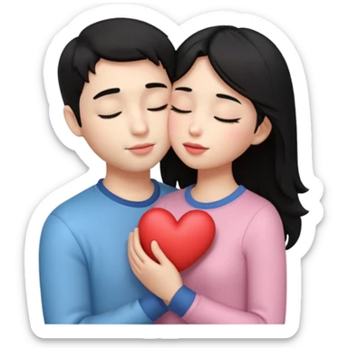 “Cute 3D emoji of a romantic couple with black hair, the boy slightly taller, gently holding the girl in his arms and kissing her lips, soft blush, eyes closed, small glowing heart above them, warm romantic vibe, pastel tones, smooth lighting, sticker style, transparent background.” sticker
