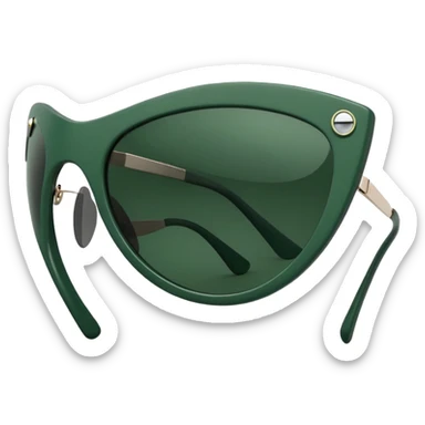 cat eye shaped sunglasses with white frame and dark green lenses, folded sideways, slightly top view, focus on curved frame, emoji style sticker