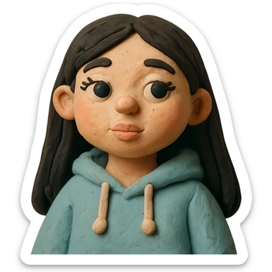 light skinned girl with round, slightly upturned brown eyes with long lashes, medium sized full blush colored lips, slightly chubby cheeks, long straight black hair, wearing a soft hoodie sticker