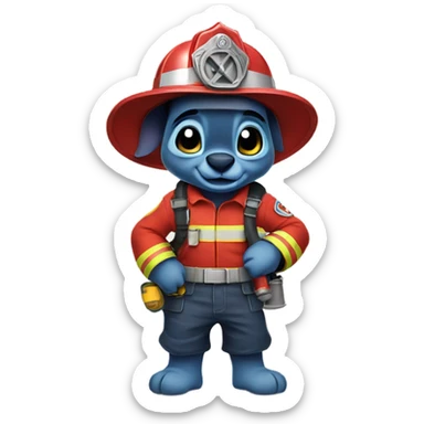 Cute Disney stitch with a firefighter outfit and hose sticker