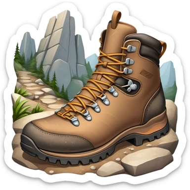 Cinematic Realistic Hiking Boots, well-worn leather boots resting on a rocky trail, scuffed edges and dirt-speckled laces adding character, glowing softly under the dappled sunlight filtering through the trees. sticker