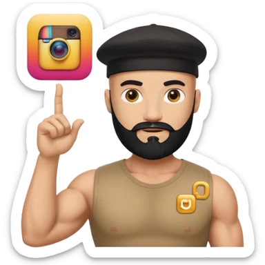 Muscular bald man with black beard wearing cap, holding giant Instagram logo, golden "500" floating above, minimal emoji style, white background sticker