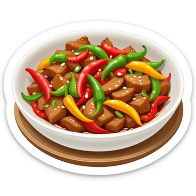 Hunan spicy stir-fried pork with colorful peppers, simplified emoji style with bold outlines and bright colors, cartoon style Chinese spicy dish sticker