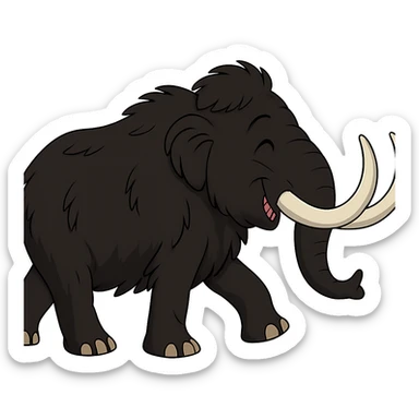 profile side view of a happy wooly mammoth with black fur and two white tusks, walking, cartoon style, no background sticker