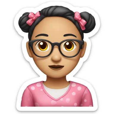"An Asian girl with her hair styled in two side buns, wearing glasses, dressed in a pink dress, and with red spots on her face." sticker