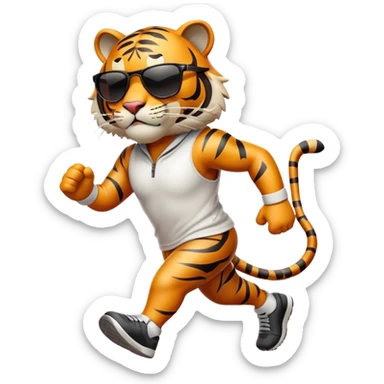 energetic anthropomorphised tiger in sports clothes, wearing dark sunglasses, walking upright, dynamic pose sticker