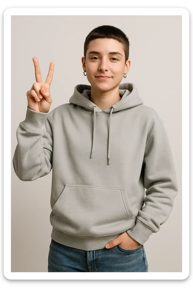 neutral gender Gen Z person showing a victory sign, casual modern style sticker