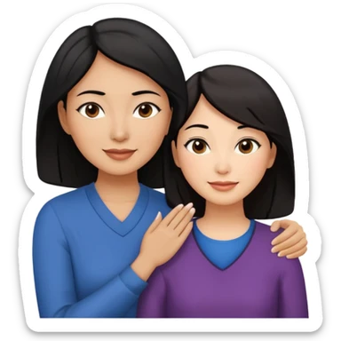 Middle aged brown woman with black hair, beside a middle aged asian woman with dark brown hair touching their cheek sticker
