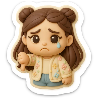 3D chibi fondant cake art style, high-quality rendering with smooth shadows and soft gradients. Girl based on reference image with long brown hair in two space buns, brown eyes, jeans, pastel floral cardigan, thick white outline like a sticker, transparent background. Thumbs down, disappointed expression. Ensure the face and hairstyle match the reference exactly. sticker