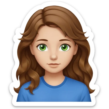 girl with brown hair, green eyes with a blue shirt no background ,young with wavy hair long brown hair with tiny blonde highlights sticker