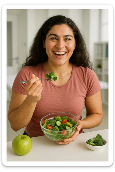 realistic portrait of a woman with PCOS eating healthy, vital appearance, well-cared skin, thick hair, energetic posture, clinical atmosphere, natural lighting, vertical 2:3 aspect ratio, no text sticker
