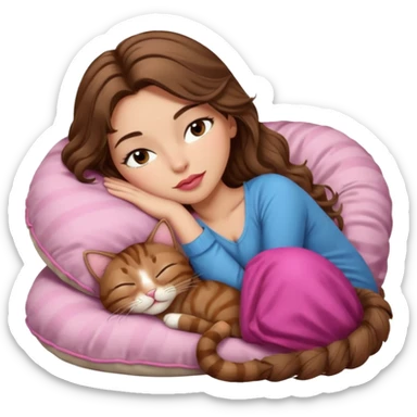 girl with long wavy brown hair, brown eyes, long lashes makeup, sexy pink lips, light to medium complexion,  sleeping on a cozy pillow, with brown tabby cat, sleeping sticker