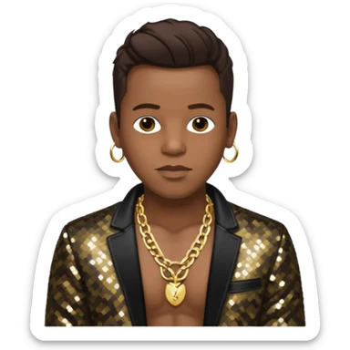 Bobby Brown with dark brown hair, black sequin jacket, shirtless with necklace sticker