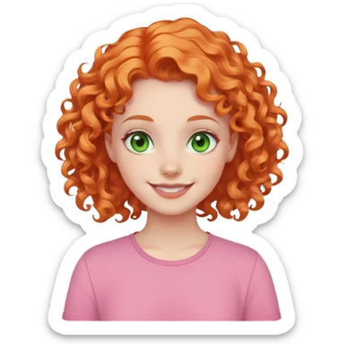 smiling pale girl with curly orange hair, green eyes, pink shirt sticker