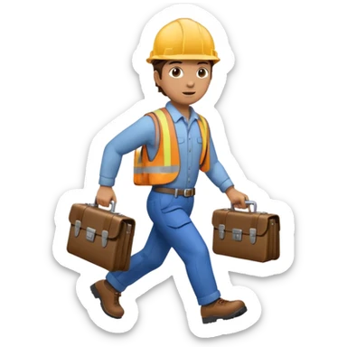 person wearing a hard hat or helmet, holding a wrench in one hand and a briefcase in the other, in a walking or running motion sticker