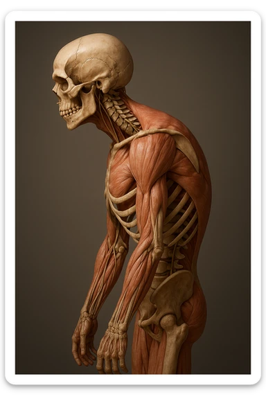corpo UMANO ANATOMICO di profilo con spalle chiuse in avanti, postura errata, iperrealistico 4k sticker