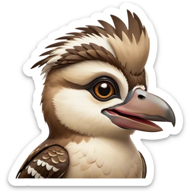 Cinematic Comical Kookaburra Portrait Emoji, Head tilted dramatically with an exaggeratedly amused expression, featuring a strikingly patterned brown and cream plumage with wide, expressive eyes filled with playful disbelief, Simplified yet hilariously expressive features, highly detailed, glowing with a slightly sassy glow, high shine, dramatic yet playful, stylized with an air of cheeky bushland mischief, bright and endearing, soft glowing outline, capturing the essence of a spirited and over‐the‐top kookaburra, so meme‐worthy it feels like it could cackle its way into internet fame instantly! sticker