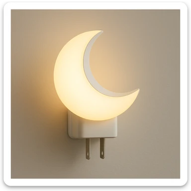 a crescent moon nightlight with a power plug, emitting gentle light, modern minimal style sticker