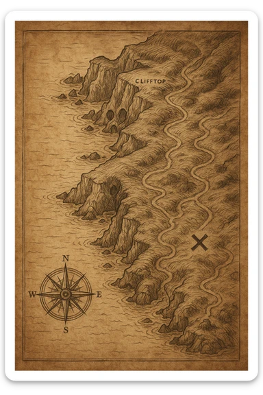 A realistic treasure map of a mysterious coastal region, with cliffs, hidden caves, winding paths, and a marked treasure spot. Includes a compass rose and aged paper look. sticker
