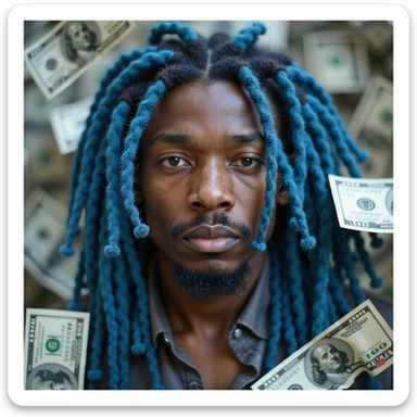 photorealistic person with blue dreadlocks surrounded by cash, AI-generated look sticker