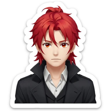 Handsome gorgeous anime man with bright-red hair, thick long messy wavy ponytail, red eyes, white shirt, black jacket, stone face, Diluc from Genshin Impact sticker