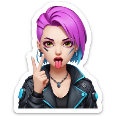 Woman with her tongue out in cyberpunk clothing and giving the middle finger. Looking naughty. sticker