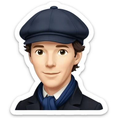 sherlock holmes benedict cumberbatch smile, wearing a deerstalker hat, Long dark coat, Dark suits, dark Blue scarf sticker